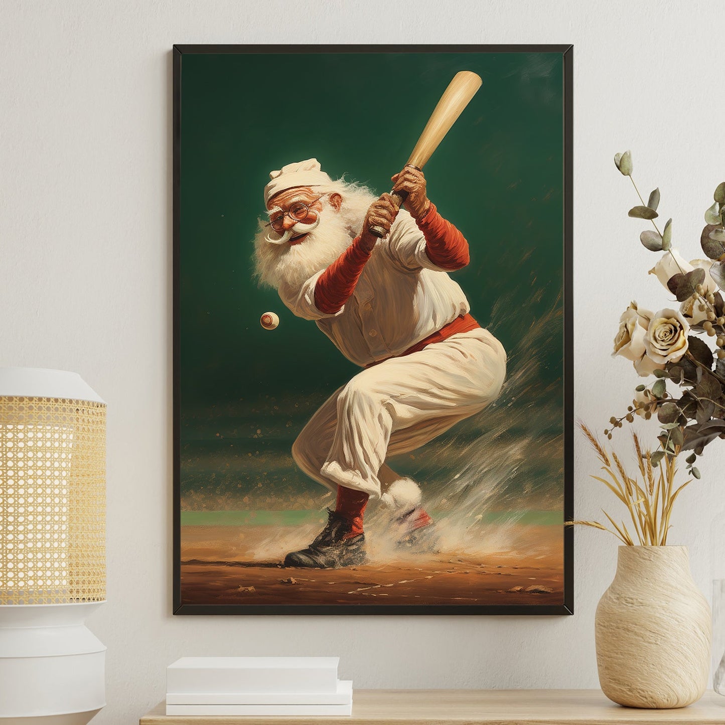 Santa Claus Is Playing Baseball, Christmas Canvas Painting, Xmas Wall Art Decor - Christmas Poster Gift For Baseball Lovers