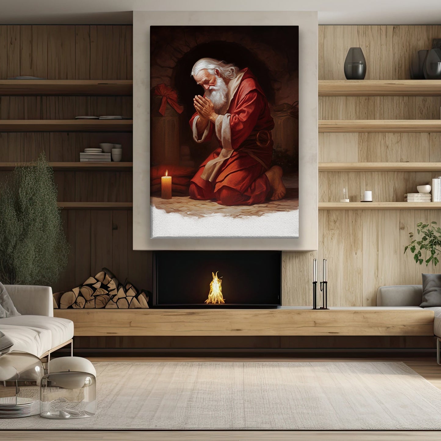 Santa Claus Kneeling Down Before A Candle, Christmas Canvas Painting, Xmas Wall Art Decor - Christmas Poster Gift