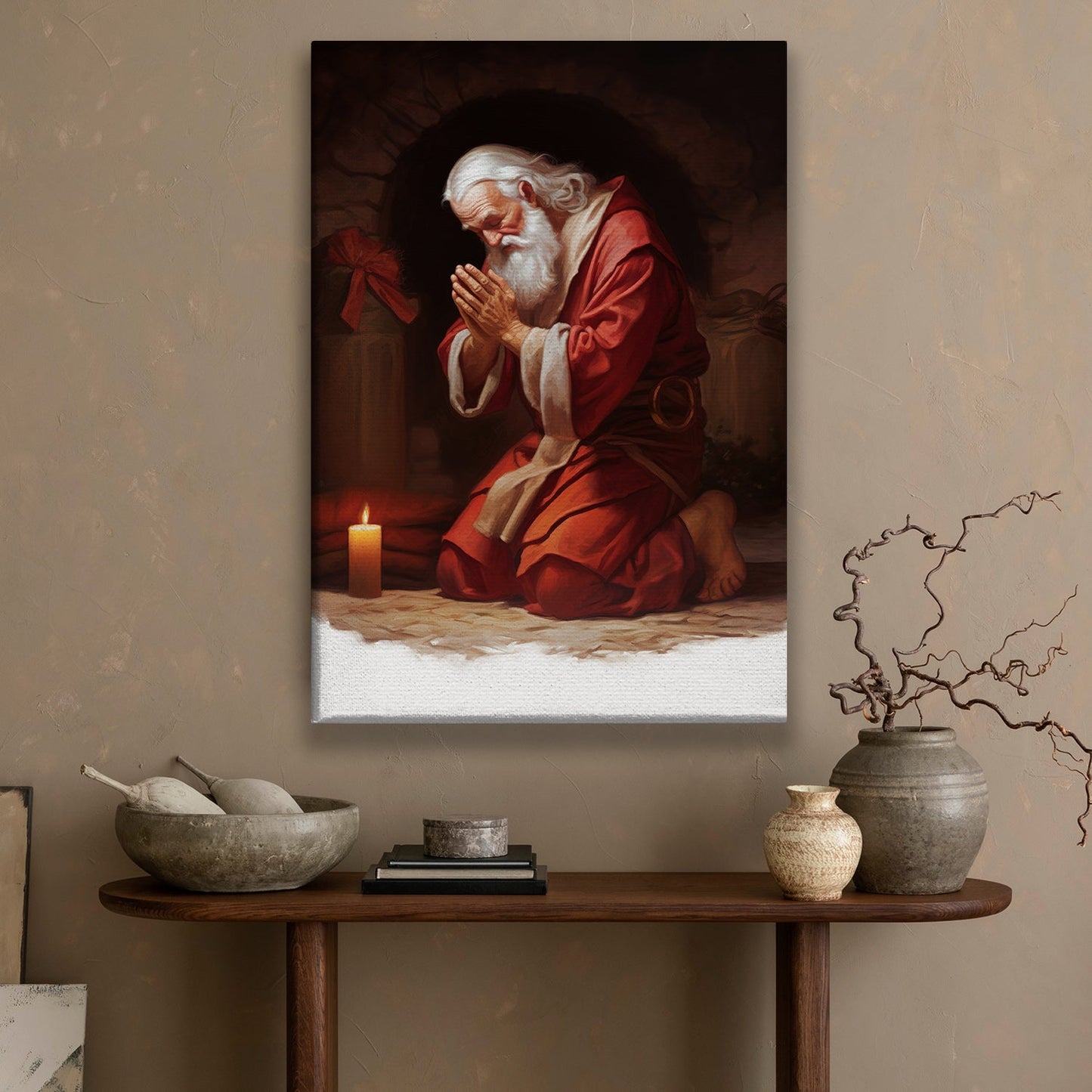 Santa Claus Kneeling Down Before A Candle, Christmas Canvas Painting, Xmas Wall Art Decor - Christmas Poster Gift