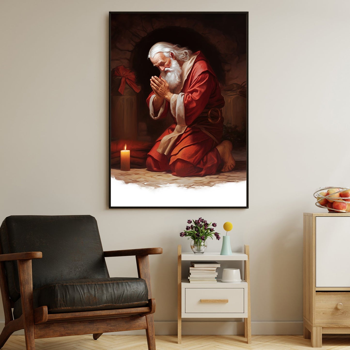 Santa Claus Kneeling Down Before A Candle, Christmas Canvas Painting, Xmas Wall Art Decor - Christmas Poster Gift