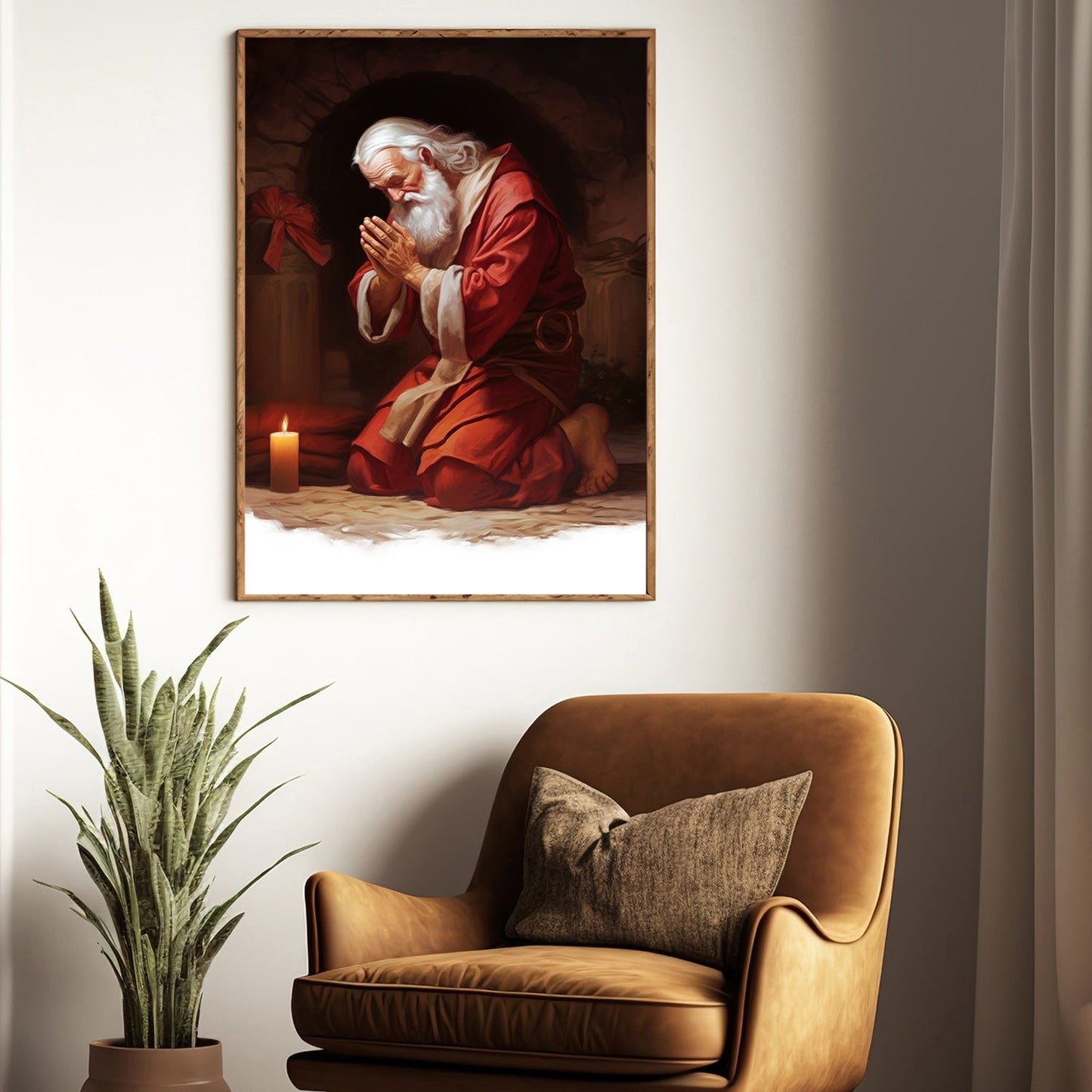 Santa Claus Kneeling Down Before A Candle, Christmas Canvas Painting, Xmas Wall Art Decor - Christmas Poster Gift