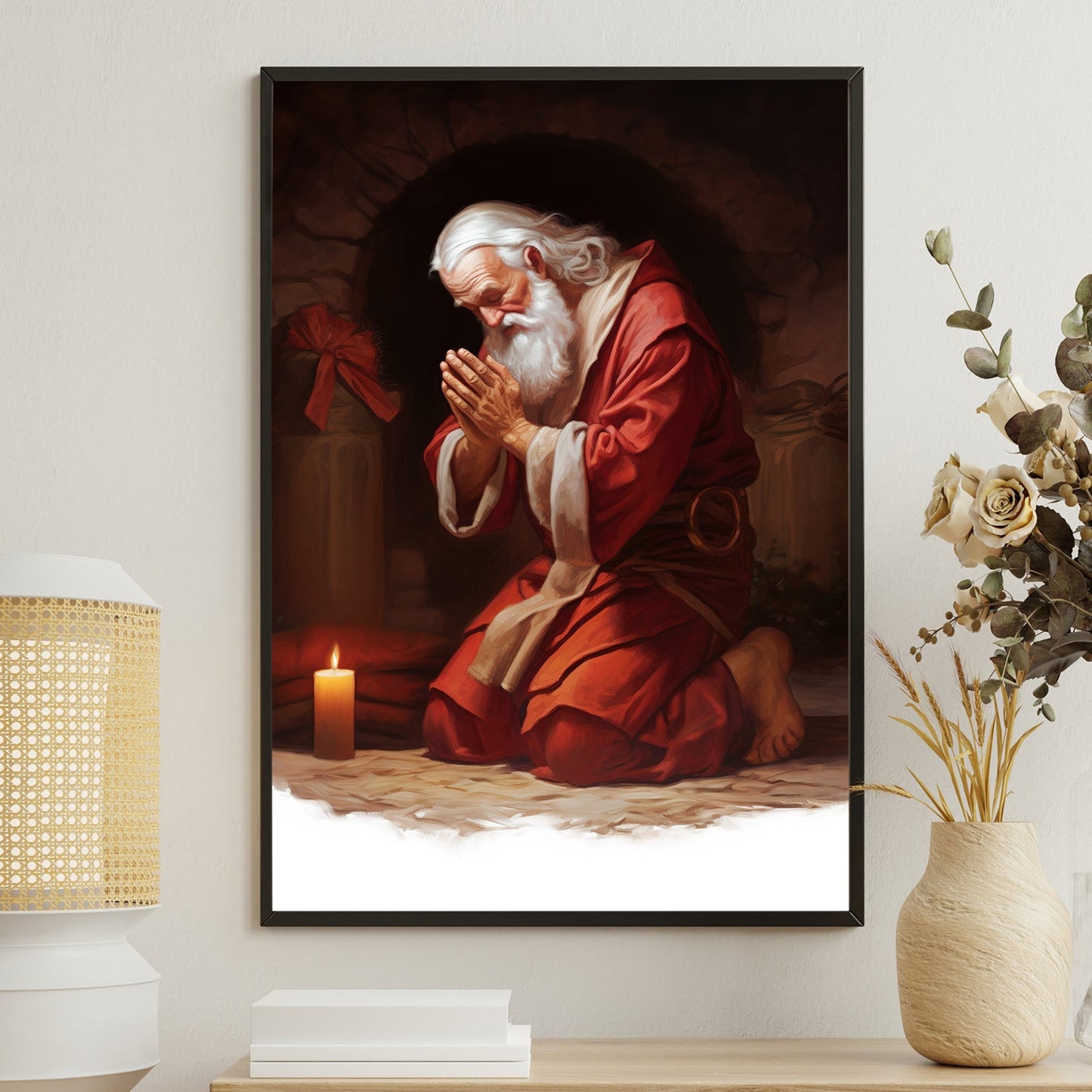 Santa Claus Kneeling Down Before A Candle, Christmas Canvas Painting, Xmas Wall Art Decor - Christmas Poster Gift