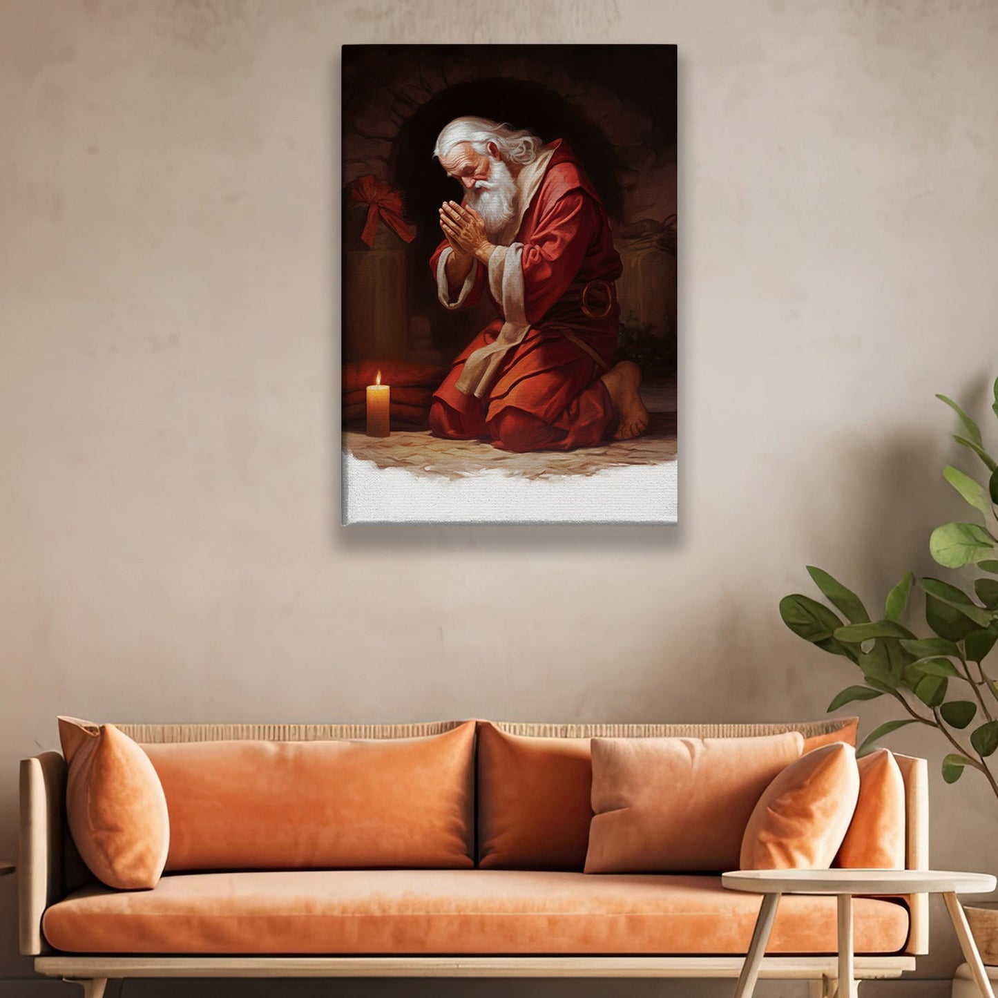 Santa Claus Kneeling Down Before A Candle, Christmas Canvas Painting, Xmas Wall Art Decor - Christmas Poster Gift