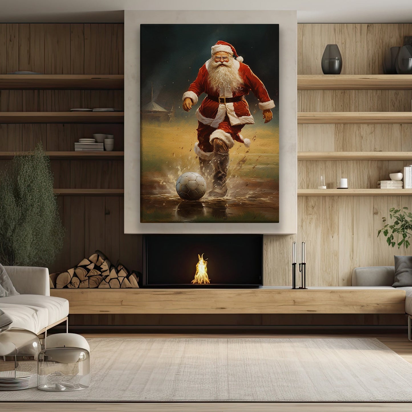 Santa Claus Kicking a Soccer Ball, Christmas Canvas Painting, Xmas Wall Art Decor - Christmas Poster Gift For Football Lovers