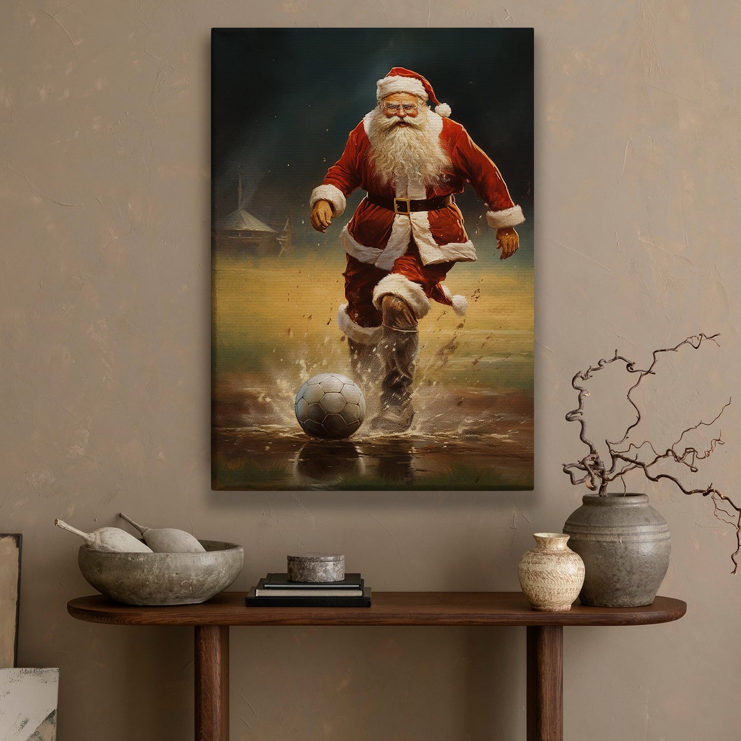 Santa Claus Kicking a Soccer Ball, Christmas Canvas Painting, Xmas Wall Art Decor - Christmas Poster Gift For Football Lovers