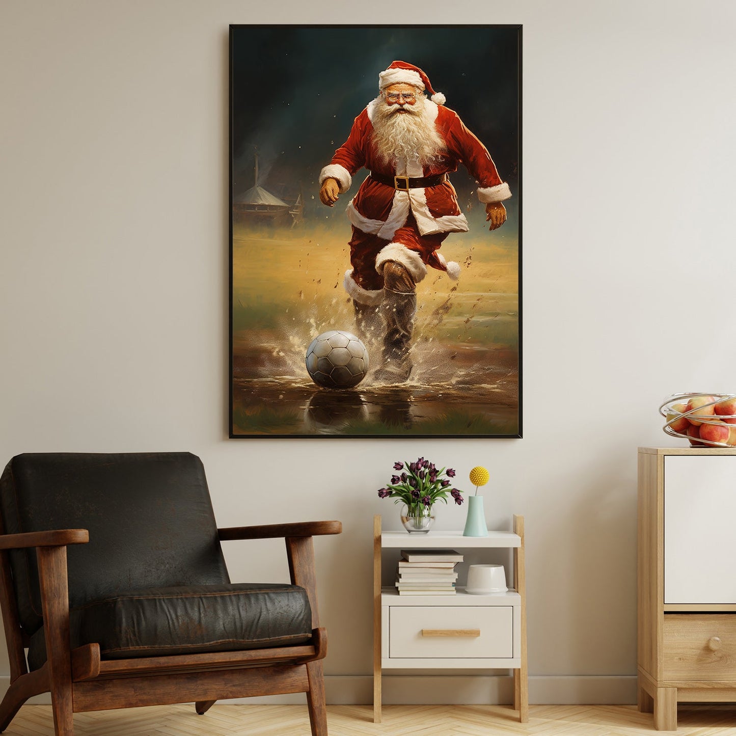 Santa Claus Kicking a Soccer Ball, Christmas Canvas Painting, Xmas Wall Art Decor - Christmas Poster Gift For Football Lovers