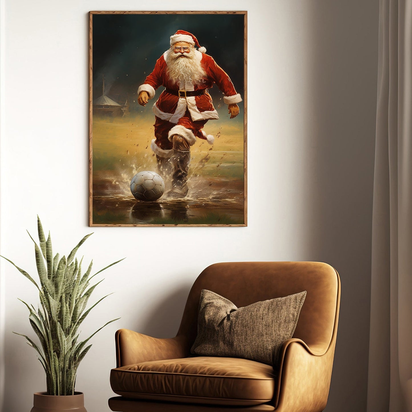 Santa Claus Kicking a Soccer Ball, Christmas Canvas Painting, Xmas Wall Art Decor - Christmas Poster Gift For Football Lovers