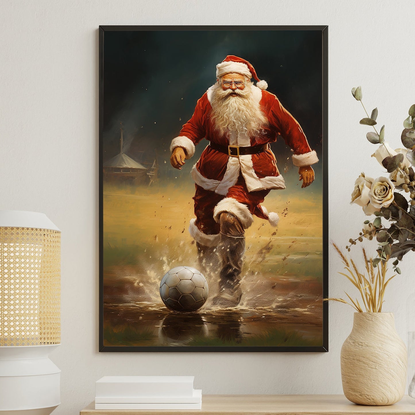 Santa Claus Kicking a Soccer Ball, Christmas Canvas Painting, Xmas Wall Art Decor - Christmas Poster Gift For Football Lovers