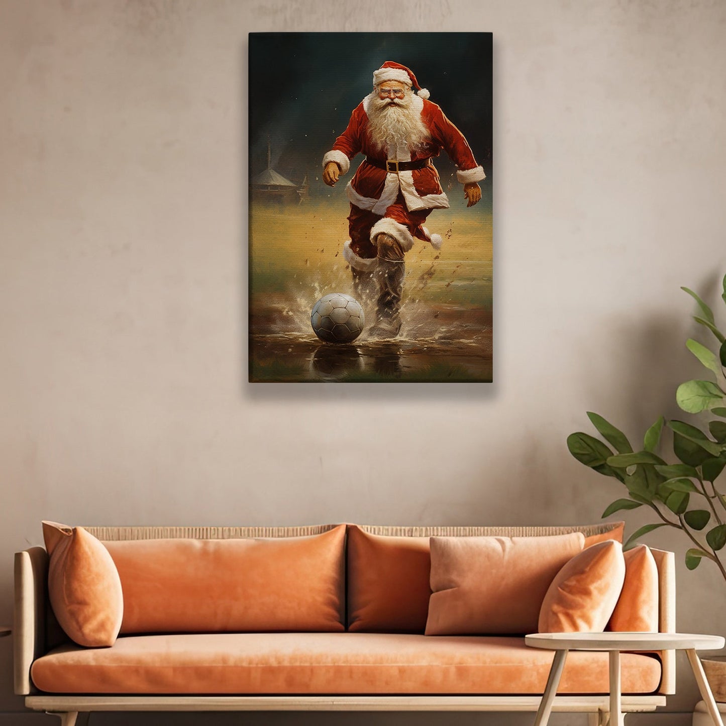 Santa Claus Kicking a Soccer Ball, Christmas Canvas Painting, Xmas Wall Art Decor - Christmas Poster Gift For Football Lovers