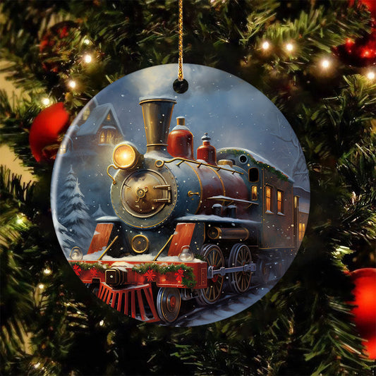 Enchanted Christmas Train Journey, Train Circle Ceramic Ornament Christmas Gift