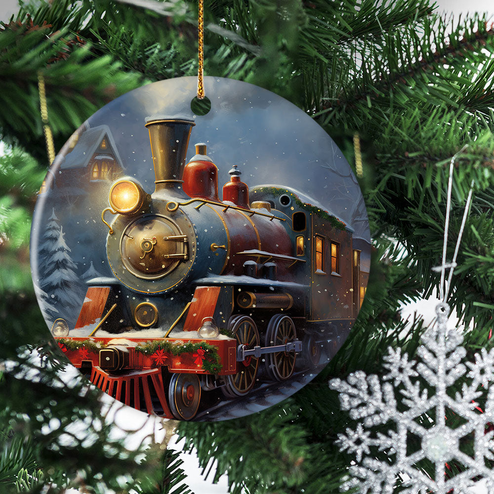 Enchanted Christmas Train Journey, Train Circle Ceramic Ornament Christmas Gift