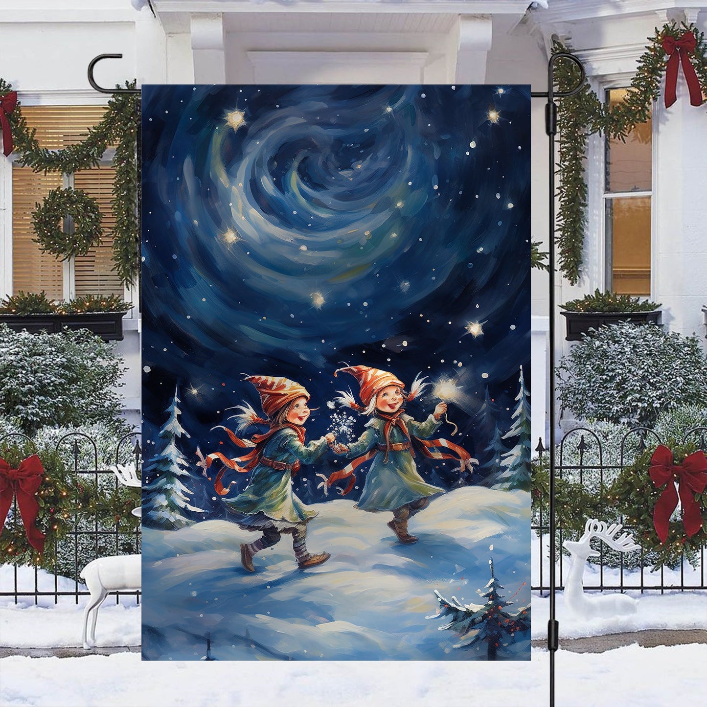 Cute Couple ELF Dancing In The Forest, ELF Xmas Brighten Garden Flag & House Flag Gift