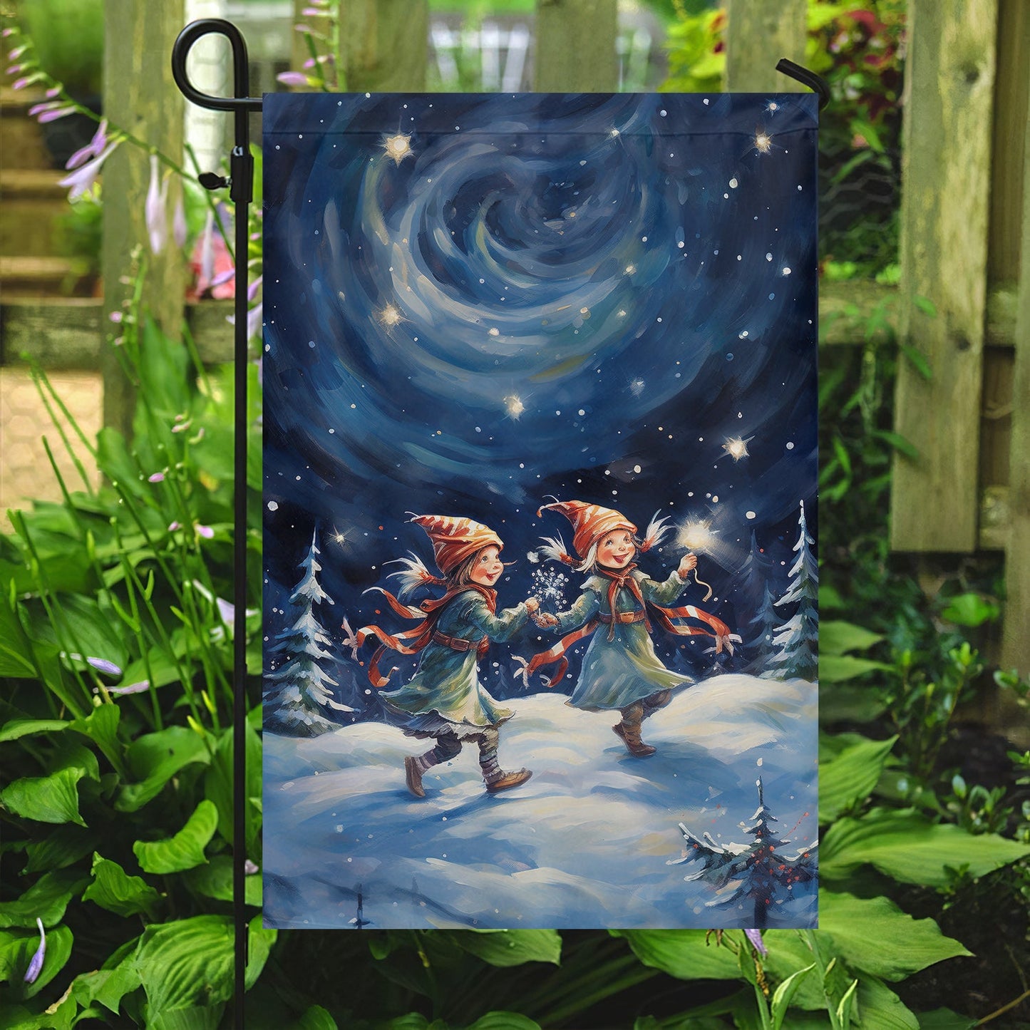 Cute Couple ELF Dancing In The Forest, ELF Xmas Brighten Garden Flag & House Flag Gift