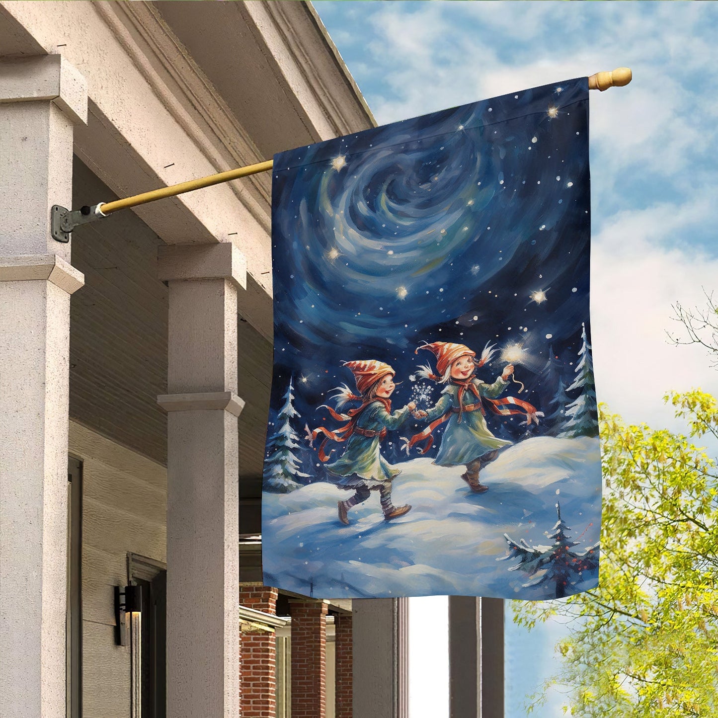 Cute Couple ELF Dancing In The Forest, ELF Xmas Brighten Garden Flag & House Flag Gift