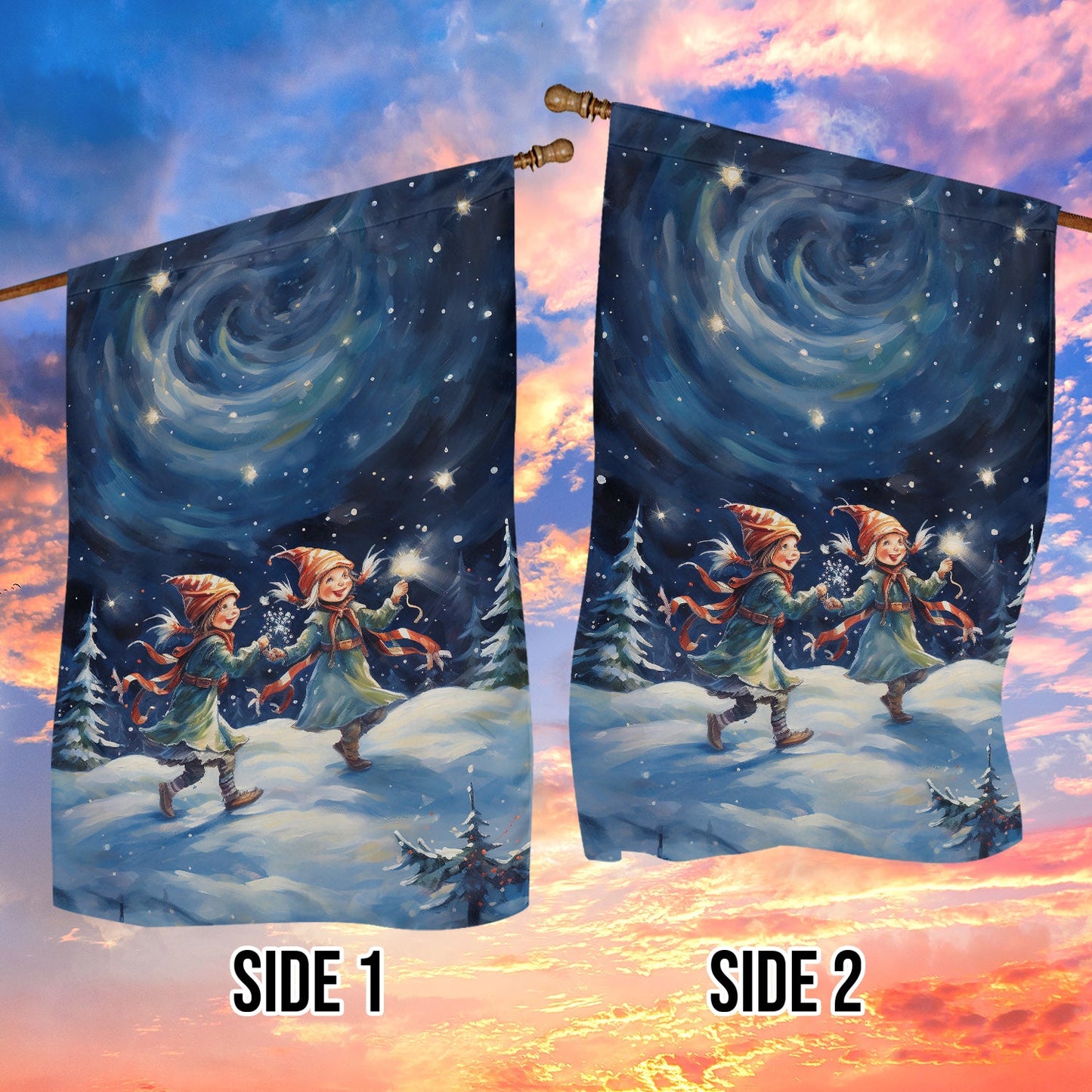 Cute Couple ELF Dancing In The Forest, ELF Xmas Brighten Garden Flag & House Flag Gift