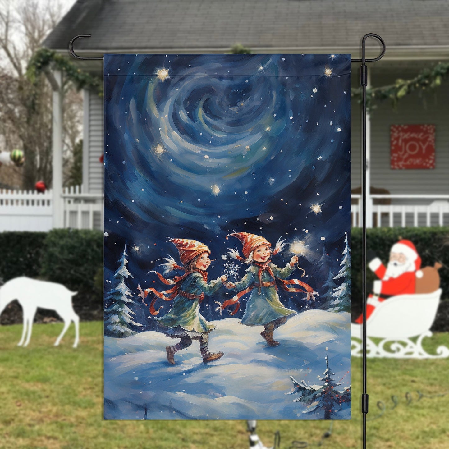 Cute Couple ELF Dancing In The Forest, ELF Xmas Brighten Garden Flag & House Flag Gift