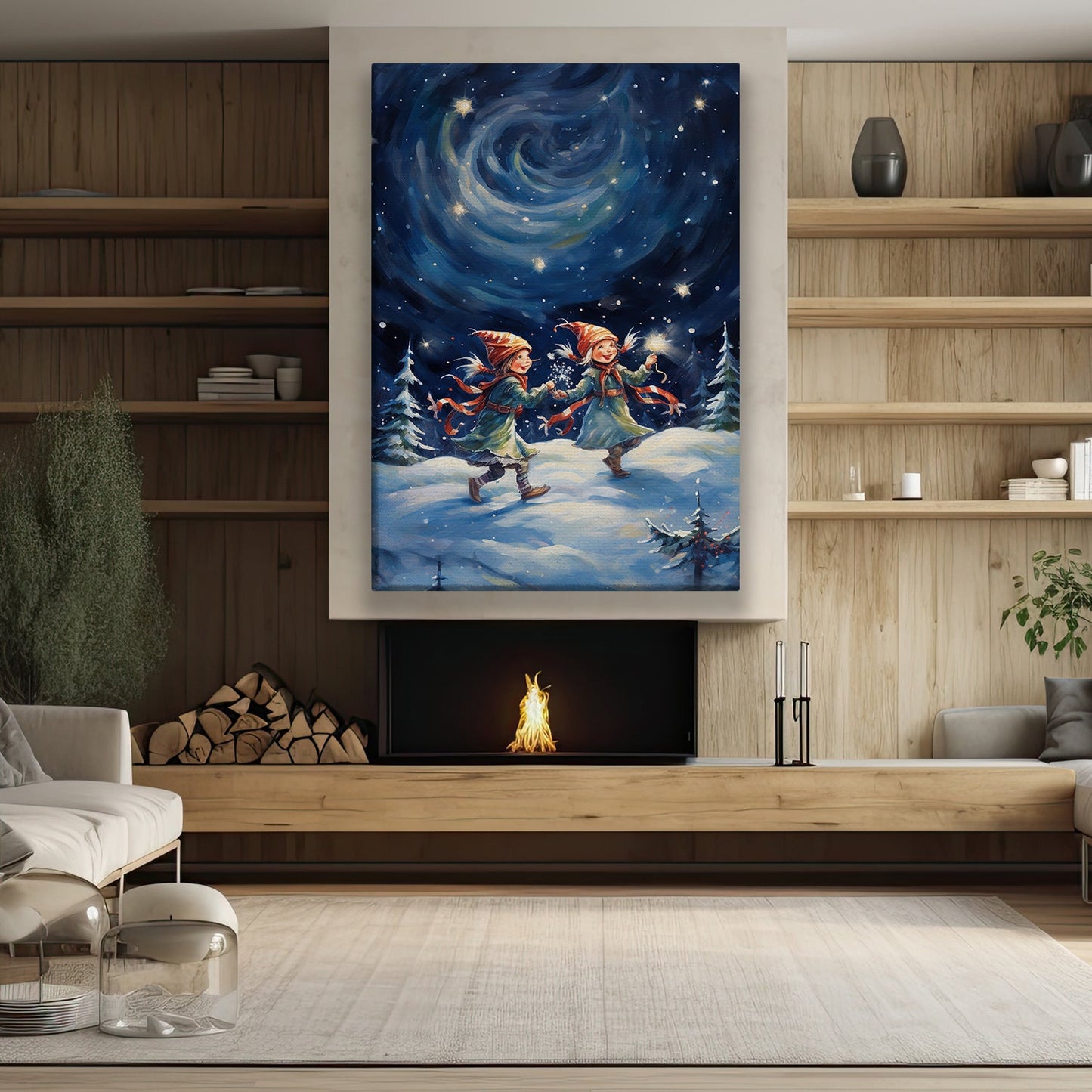 Enchanted Winter Frolic Gnomes Under the Starry Swirl, Christmas Canvas Painting, Xmas Wall Art Decor - Christmas Poster Gift For Gnome Lovers