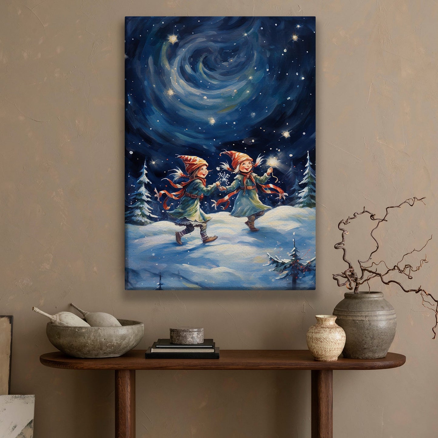 Enchanted Winter Frolic Gnomes Under the Starry Swirl, Christmas Canvas Painting, Xmas Wall Art Decor - Christmas Poster Gift For Gnome Lovers