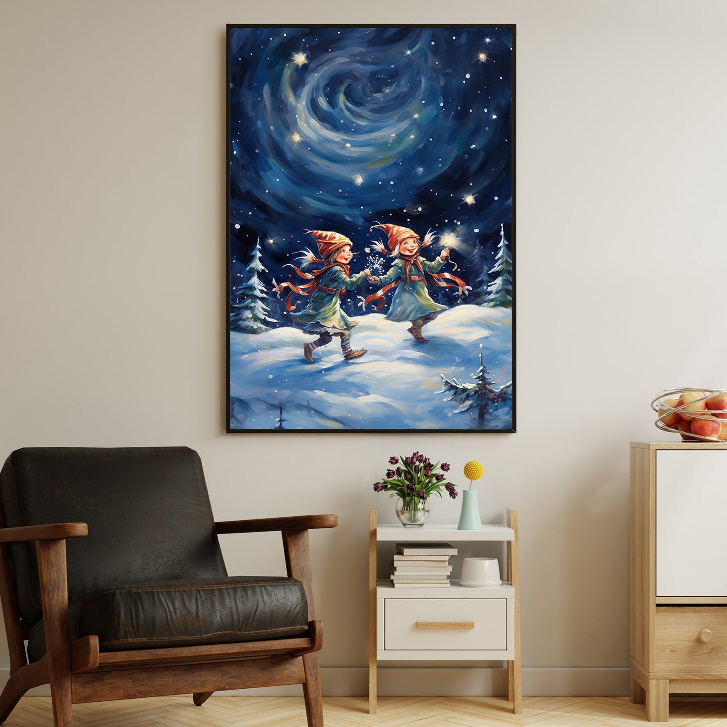 Enchanted Winter Frolic Gnomes Under the Starry Swirl, Christmas Canvas Painting, Xmas Wall Art Decor - Christmas Poster Gift For Gnome Lovers