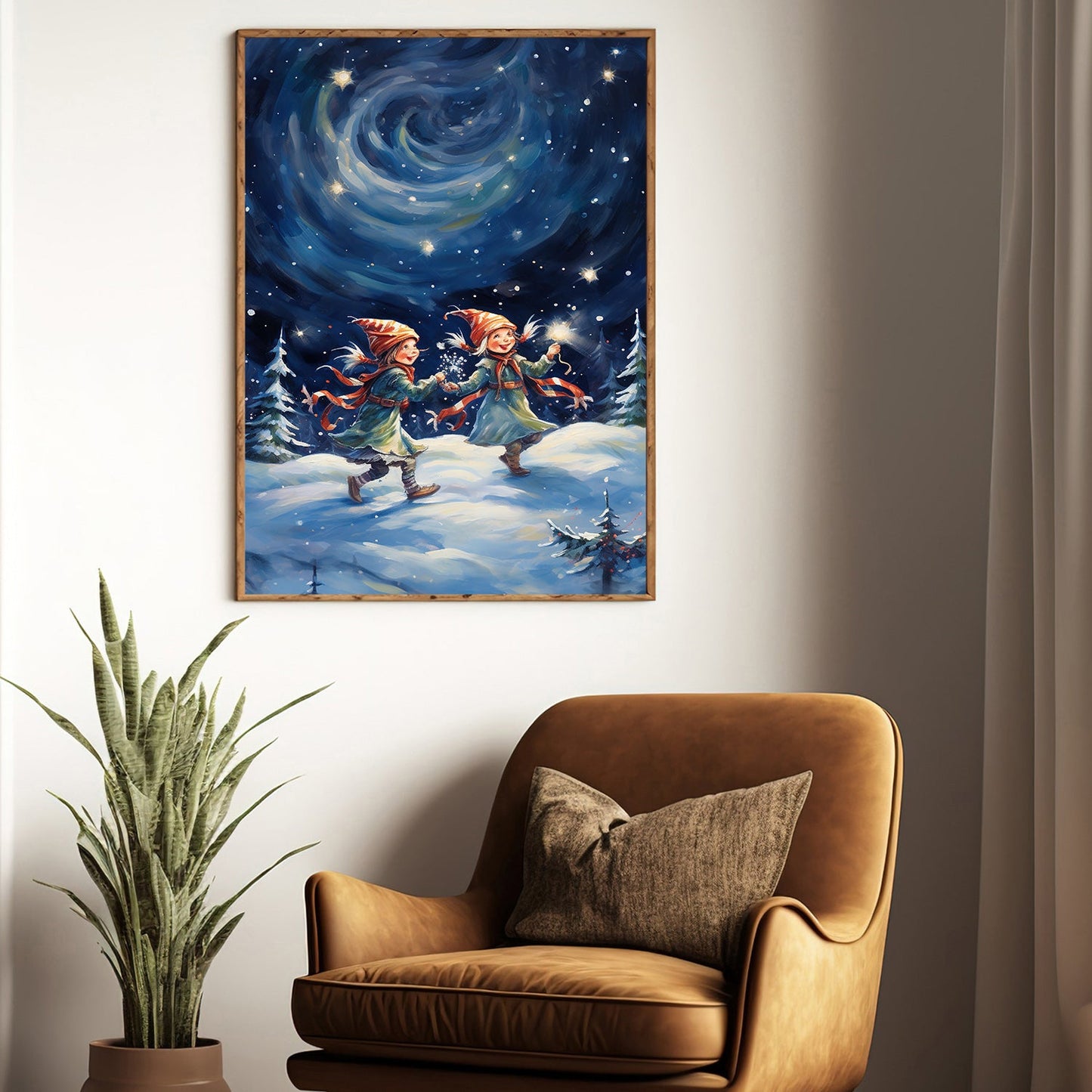 Enchanted Winter Frolic Gnomes Under the Starry Swirl, Christmas Canvas Painting, Xmas Wall Art Decor - Christmas Poster Gift For Gnome Lovers