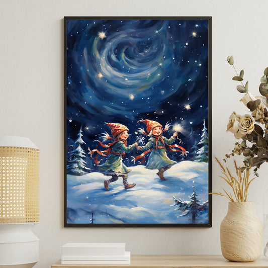 Enchanted Winter Frolic Gnomes Under the Starry Swirl, Christmas Canvas Painting, Xmas Wall Art Decor - Christmas Poster Gift For Gnome Lovers