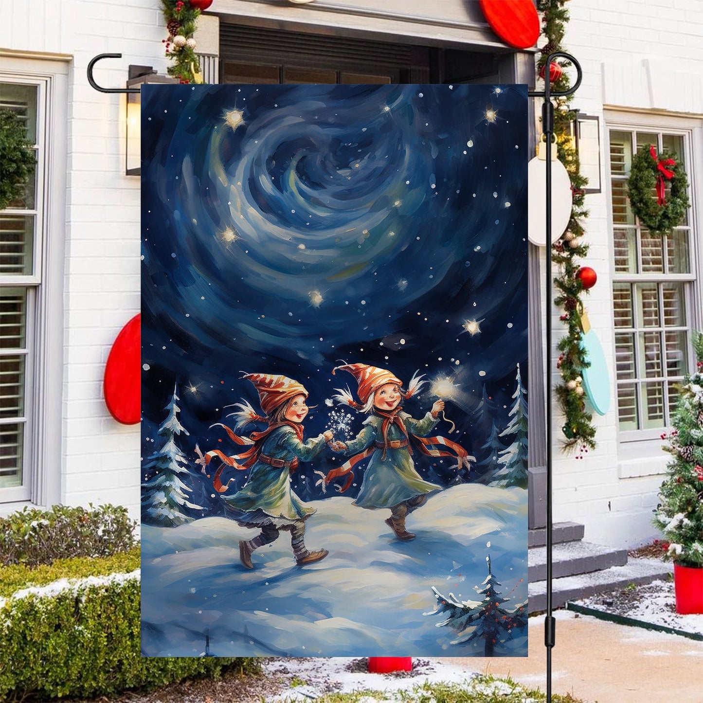 Cute Couple ELF Dancing In The Forest, ELF Xmas Brighten Garden Flag & House Flag Gift