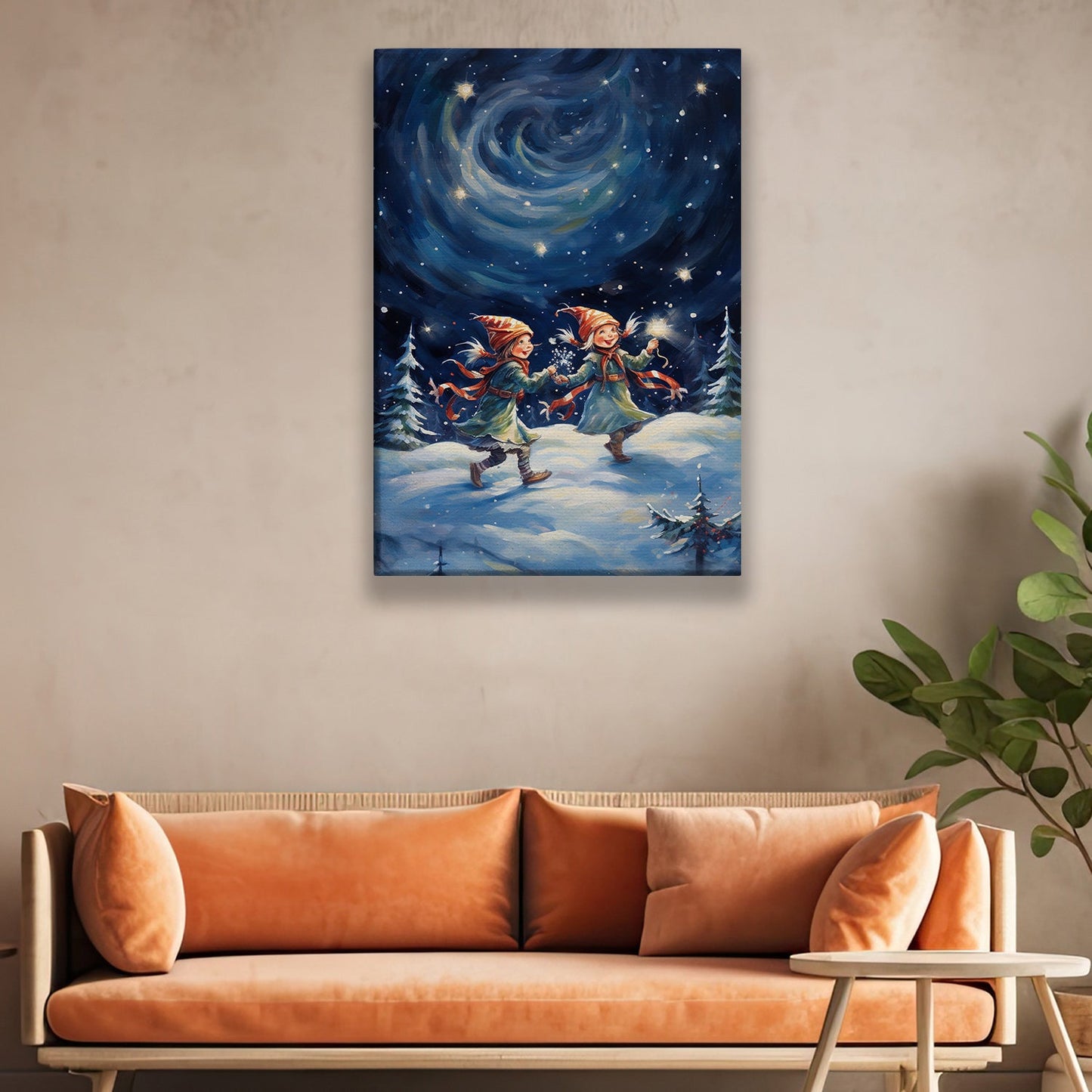 Enchanted Winter Frolic Gnomes Under the Starry Swirl, Christmas Canvas Painting, Xmas Wall Art Decor - Christmas Poster Gift For Gnome Lovers