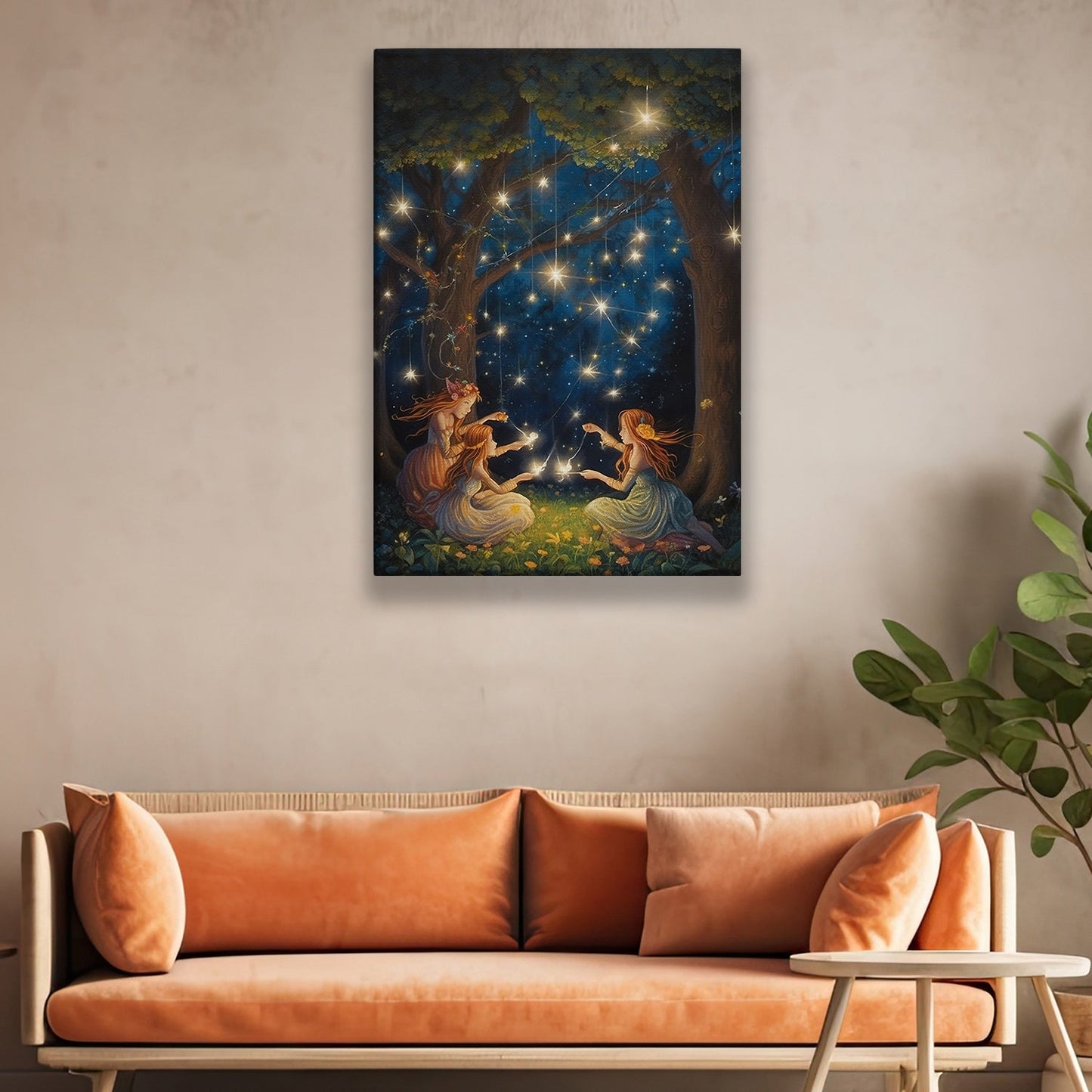 Whimsical Starlit Dance Forest Fairies in Moonlit Reverie, Christmas Canvas Painting, Xmas Wall Art Decor - Christmas Poster Gift For Dancing Lovers