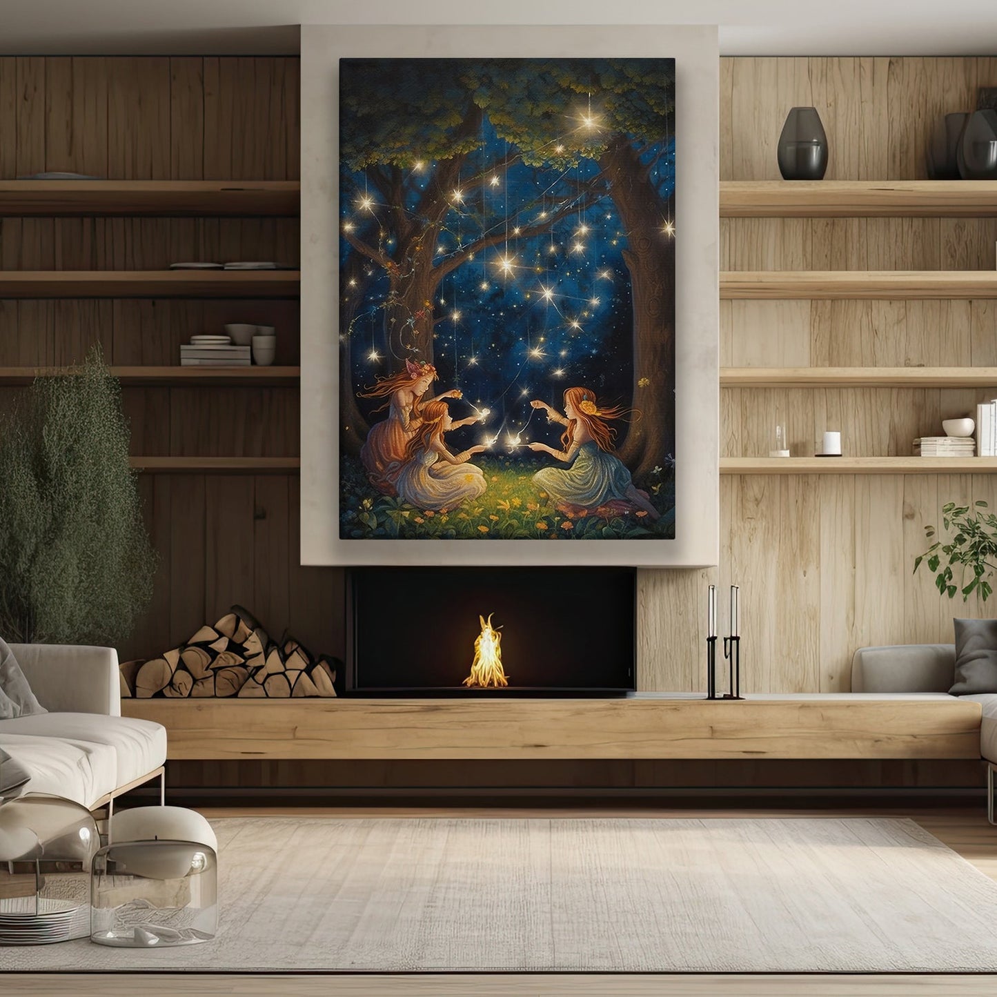 Whimsical Starlit Dance Forest Fairies in Moonlit Reverie, Christmas Canvas Painting, Xmas Wall Art Decor - Christmas Poster Gift For Dancing Lovers