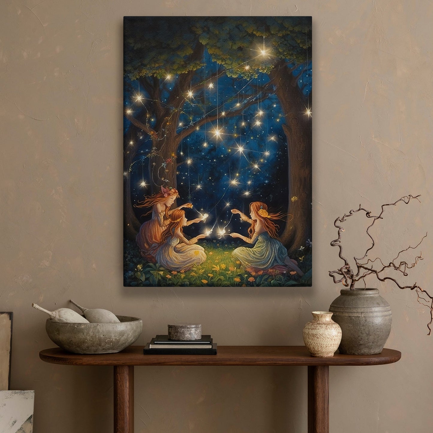 Whimsical Starlit Dance Forest Fairies in Moonlit Reverie, Christmas Canvas Painting, Xmas Wall Art Decor - Christmas Poster Gift For Dancing Lovers