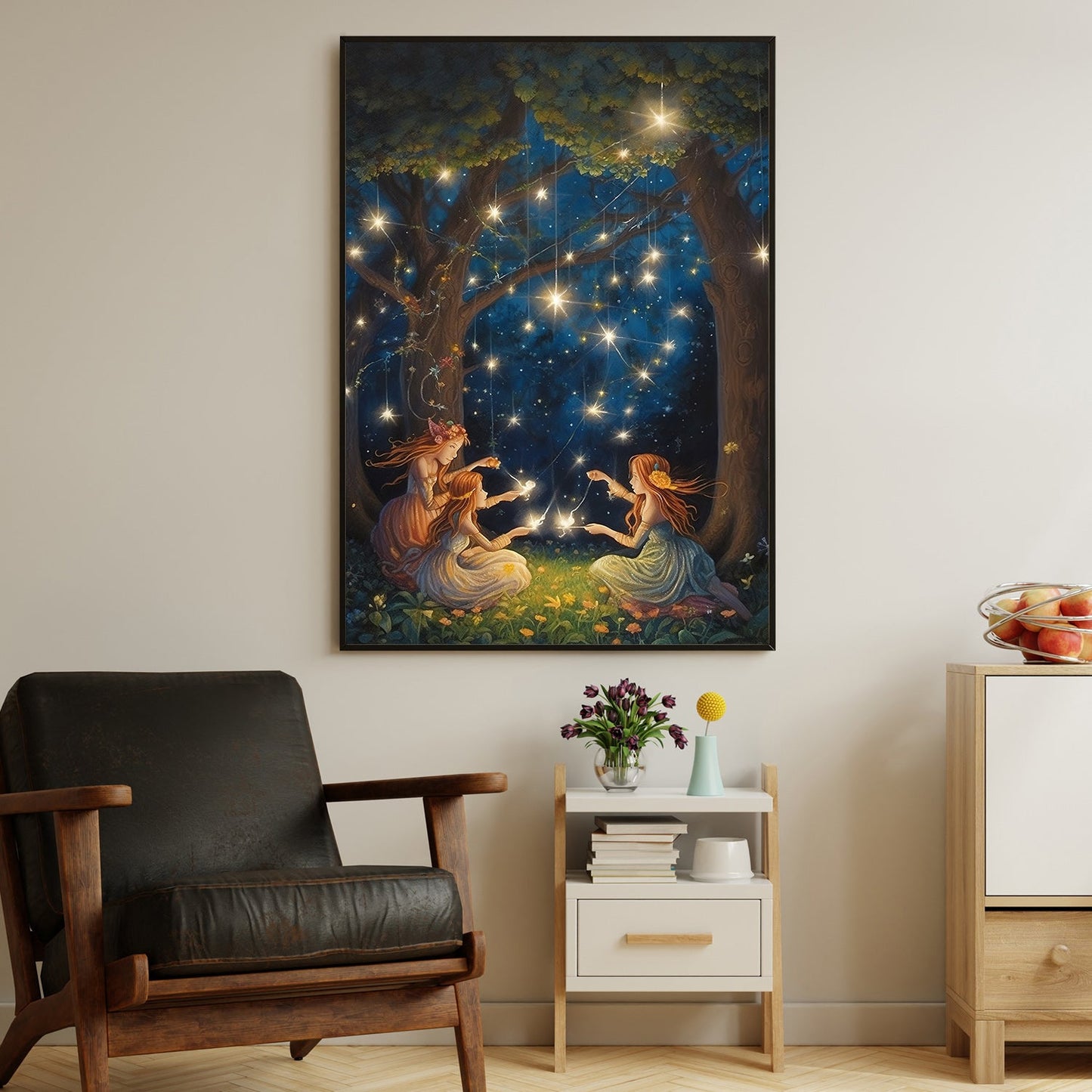 Whimsical Starlit Dance Forest Fairies in Moonlit Reverie, Christmas Canvas Painting, Xmas Wall Art Decor - Christmas Poster Gift For Dancing Lovers