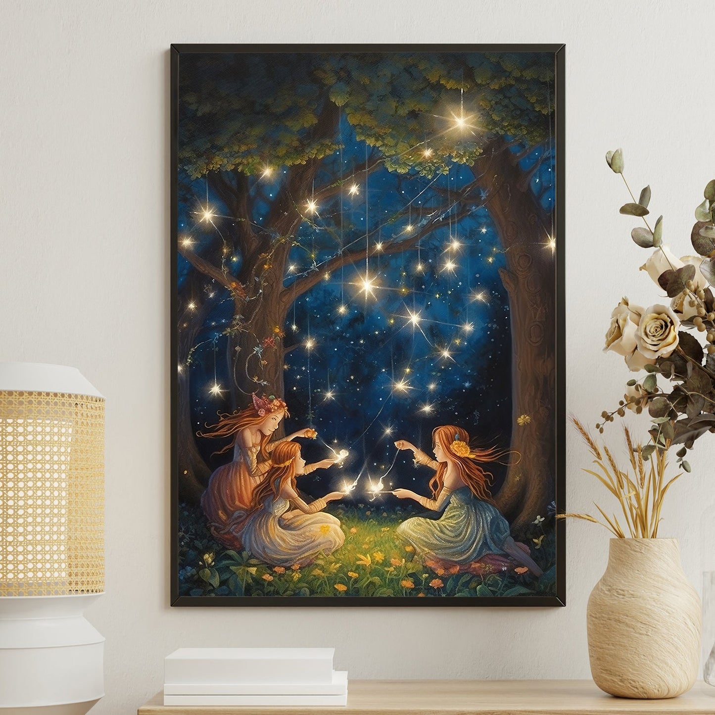 Whimsical Starlit Dance Forest Fairies in Moonlit Reverie, Christmas Canvas Painting, Xmas Wall Art Decor - Christmas Poster Gift For Dancing Lovers