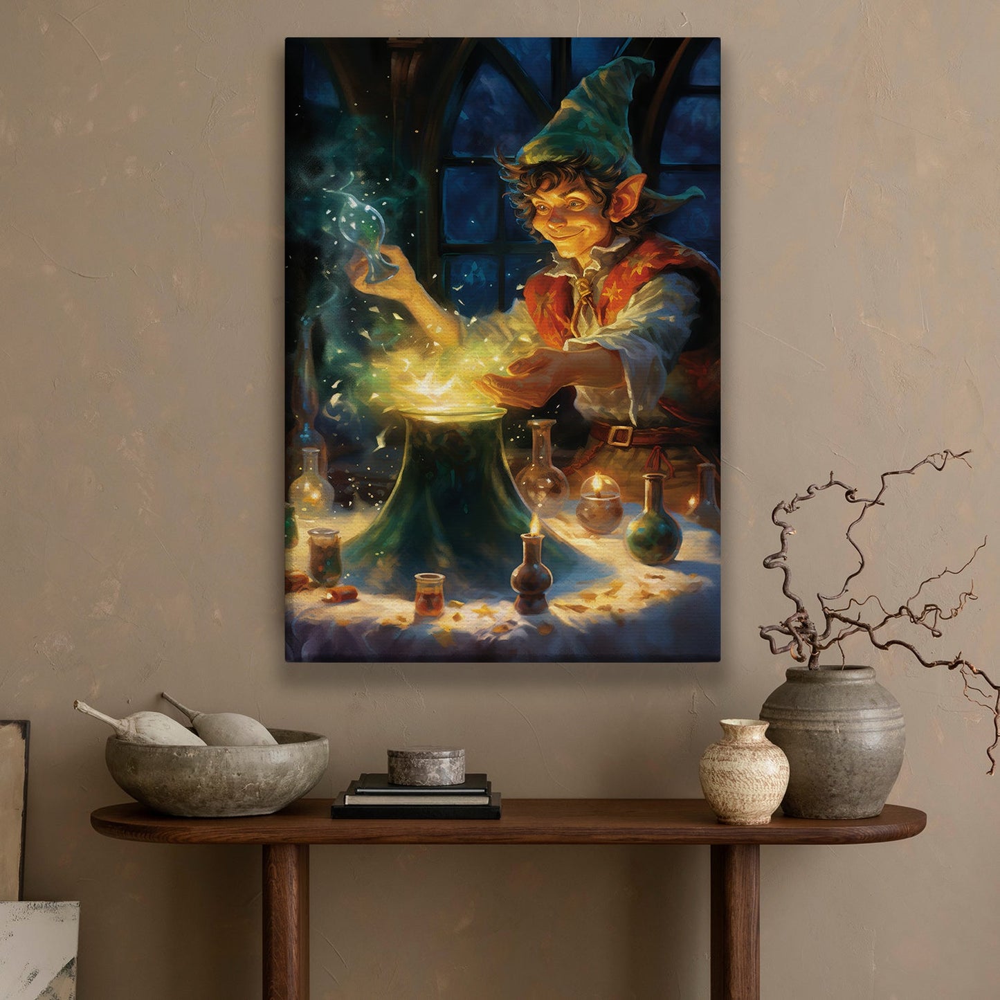 Enchanted Alchemist The Gnome's Midnight Potion Crafting, Christmas Canvas Painting, Xmas Wall Art Decor - Christmas Poster Gift For Gnome Lovers