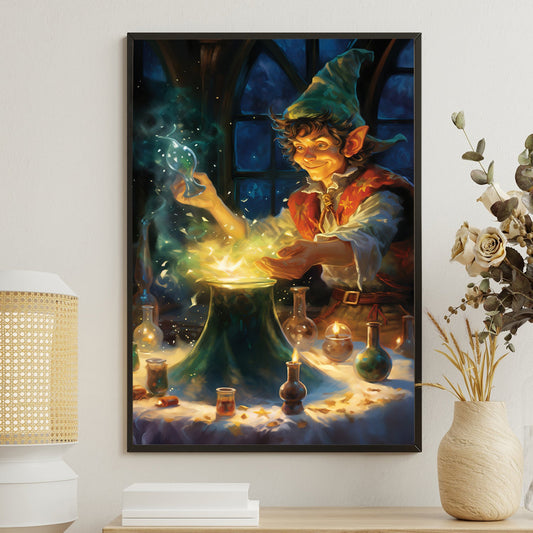 Enchanted Alchemist The Gnome's Midnight Potion Crafting, Christmas Canvas Painting, Xmas Wall Art Decor - Christmas Poster Gift For Gnome Lovers