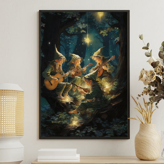 Forest Serenade The Gnomes' Moonlit Melody, Christmas Canvas Painting, Xmas Wall Art Decor - Christmas Poster Gift For Gnome Lovers