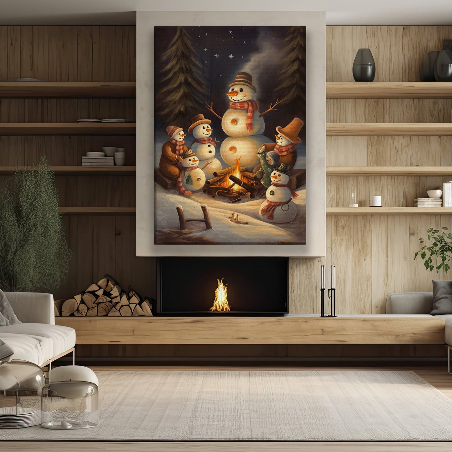 A Joyful Snowman Gathering Starry Night by the Campfire, Christmas Canvas Painting, Xmas Wall Art Decor - Christmas Poster Gift