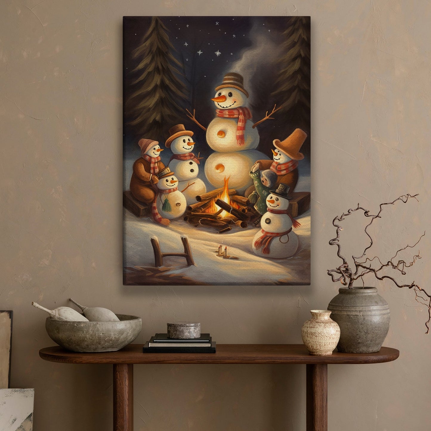 A Joyful Snowman Gathering Starry Night by the Campfire, Christmas Canvas Painting, Xmas Wall Art Decor - Christmas Poster Gift