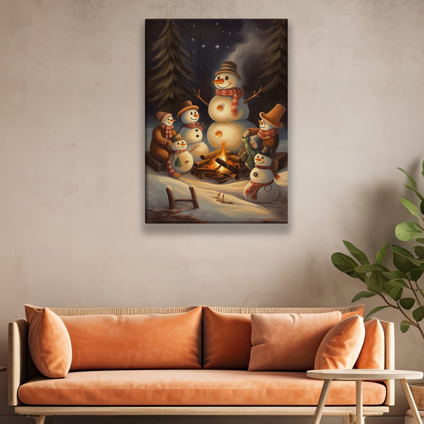 A Joyful Snowman Gathering Starry Night by the Campfire, Christmas Canvas Painting, Xmas Wall Art Decor - Christmas Poster Gift