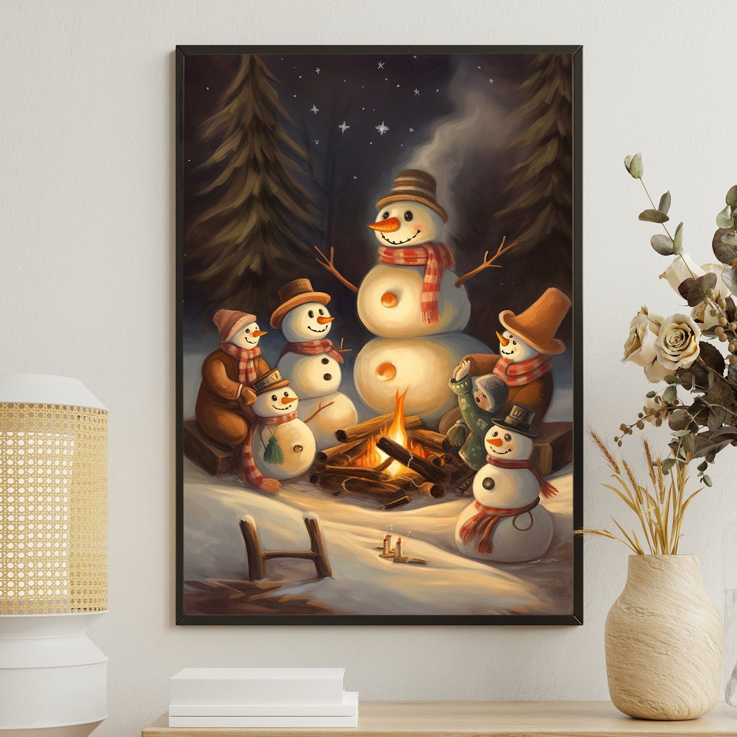 A Joyful Snowman Gathering Starry Night by the Campfire, Christmas Canvas Painting, Xmas Wall Art Decor - Christmas Poster Gift