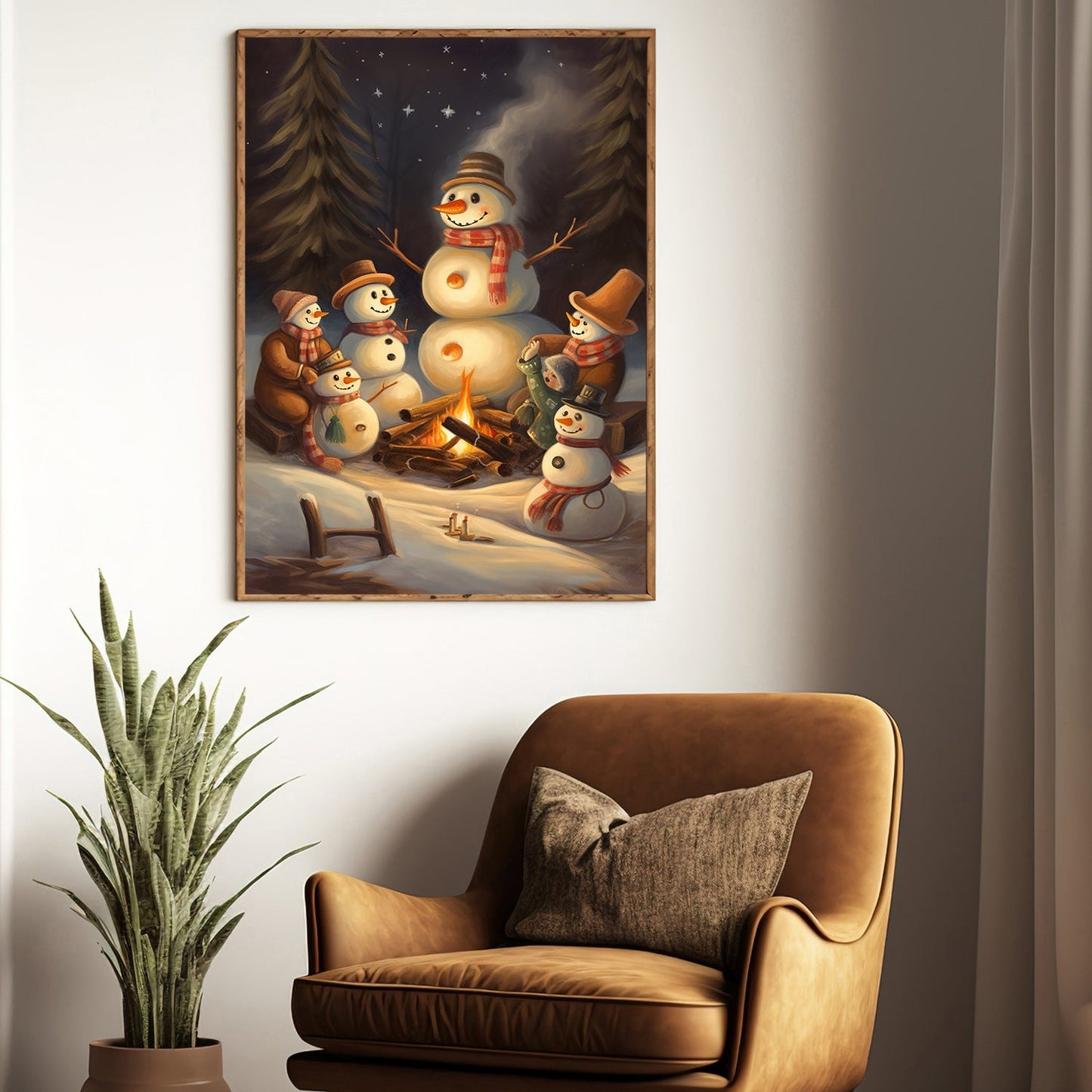 A Joyful Snowman Gathering Starry Night by the Campfire, Christmas Canvas Painting, Xmas Wall Art Decor - Christmas Poster Gift