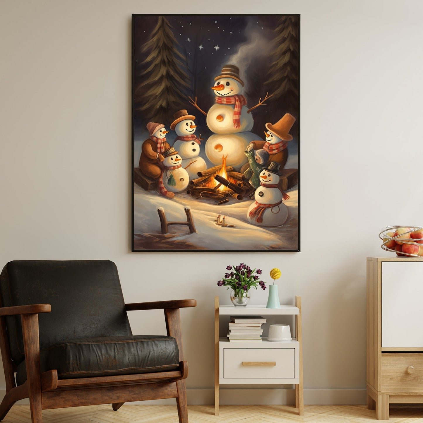 A Joyful Snowman Gathering Starry Night by the Campfire, Christmas Canvas Painting, Xmas Wall Art Decor - Christmas Poster Gift