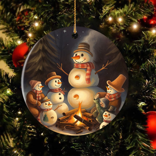 Starry Night by the Campfire, Snowman Circle Ceramic Ornament Christmas Gift