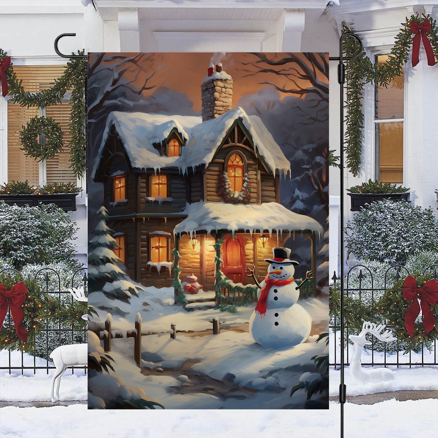 Snowman In Front Of House Christmas, Snowman Xmas Garden Flag & House Flag Gift