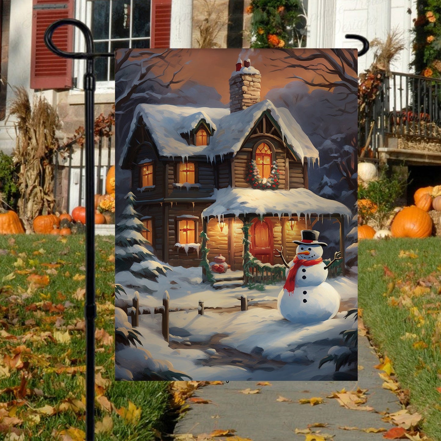 Snowman In Front Of House Christmas, Snowman Xmas Garden Flag & House Flag Gift