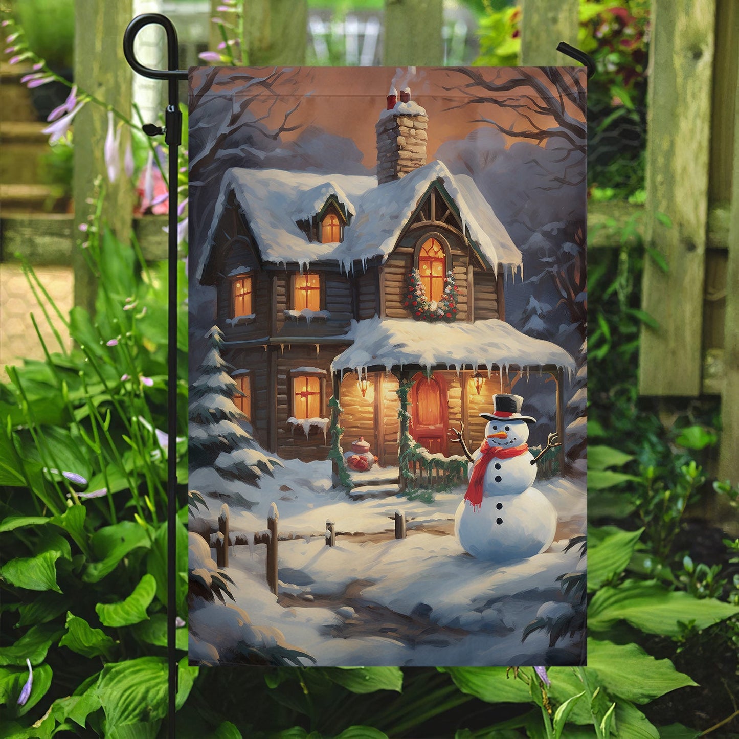 Snowman In Front Of House Christmas, Snowman Xmas Garden Flag & House Flag Gift