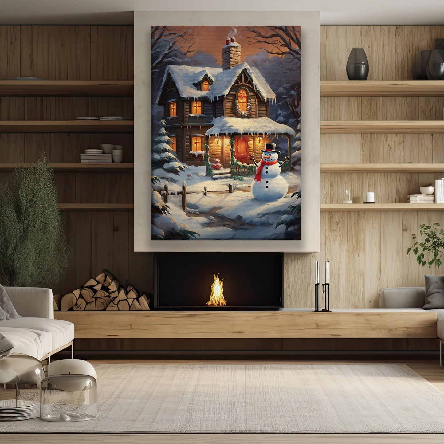 Cozy Winter Cabin Welcoming Lights Amidst the Snowfall, Christmas Canvas Painting, Xmas Wall Art Decor - Christmas Poster Gift