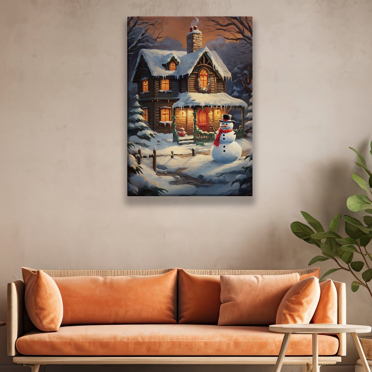 Cozy Winter Cabin Welcoming Lights Amidst the Snowfall, Christmas Canvas Painting, Xmas Wall Art Decor - Christmas Poster Gift