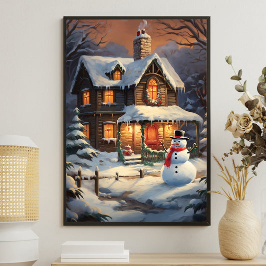 Cozy Winter Cabin Welcoming Lights Amidst the Snowfall, Christmas Canvas Painting, Xmas Wall Art Decor - Christmas Poster Gift