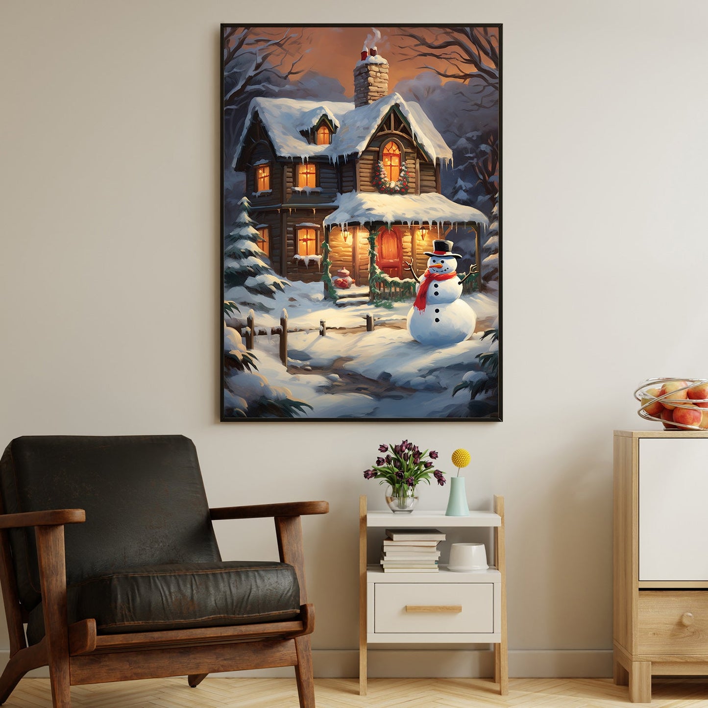 Cozy Winter Cabin Welcoming Lights Amidst the Snowfall, Christmas Canvas Painting, Xmas Wall Art Decor - Christmas Poster Gift