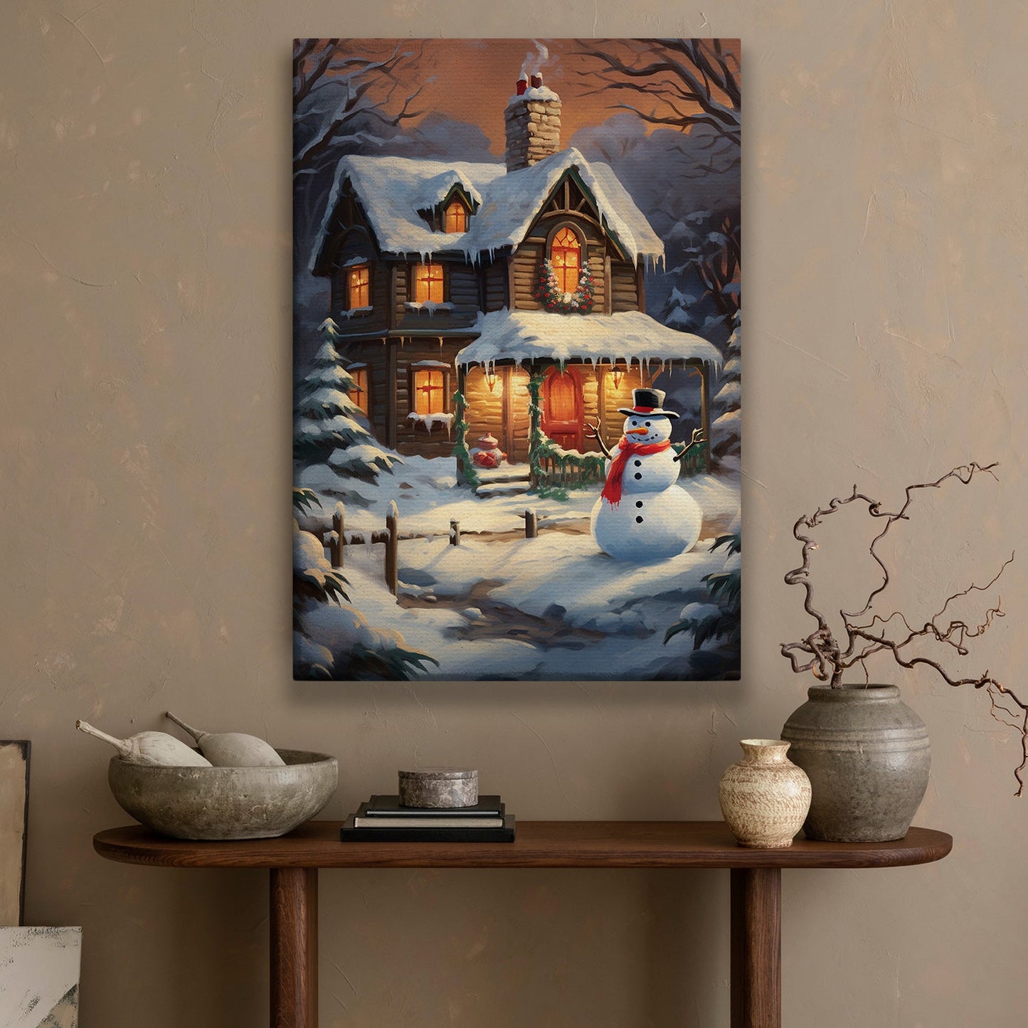 Cozy Winter Cabin Welcoming Lights Amidst the Snowfall, Christmas Canvas Painting, Xmas Wall Art Decor - Christmas Poster Gift